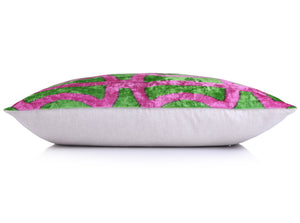 Handmade Pink & Green Ikat Velvet Throw Pillow – 16x24 Luxury Accent
