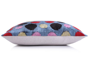 Handmade 16x16 Velvet Pillow – Multicolor Dots on Blue