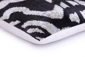 Handmade 16x16 Velvet Pillow – Black & White Ikat Medallion