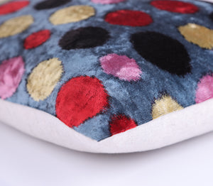 Handmade 16x16 Velvet Pillow – Multicolor Dots on Blue