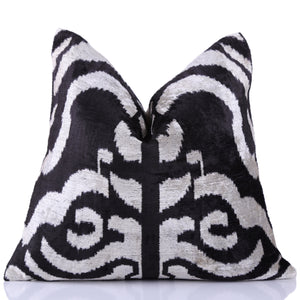Handmade 16x16 Velvet Pillow – Black & White Ikat Medallion