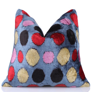 Handmade 16x16 Velvet Pillow – Multicolor Dots on Blue