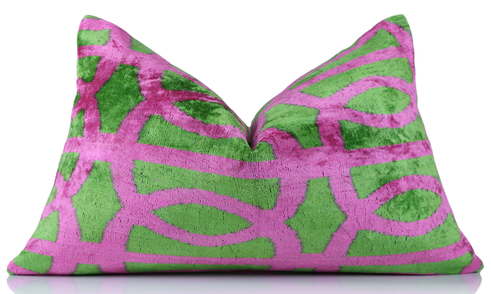 Handmade Pink & Green Ikat Velvet Throw Pillow – 16x24 Luxury Accent