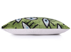 Green Evil Eye Silk Velvet Pillow with insert 16x24 – Handmade in California