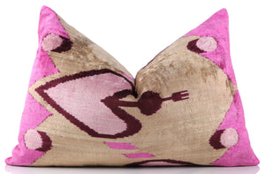Handmade Velvet Throw Pillow – Tribal Heart in Pink & Taupe (16x24)