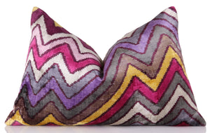 Zigzag Silk Velvet Pillow 16x24 – Fuchsia & Gold, Handmade Luxe