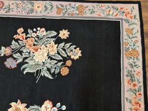 Black Needlepoint Rug 8x11 with Multicolor Flowers, Vintage Carpet