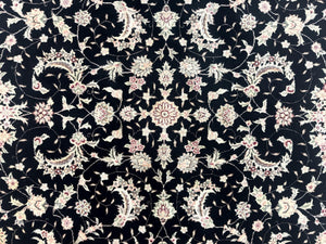 Sino Persian Rug 6x9, Black and Ivory, Wool and Silk Highlights, Handmade