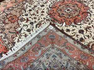 Wonderful Persian Tabriz Rug 9x12, Floral Medallion, Ivory and Salmon Red, Hand Knotted, Wool with Silk Accents, Very Fine Vintage Oriental Carpet
