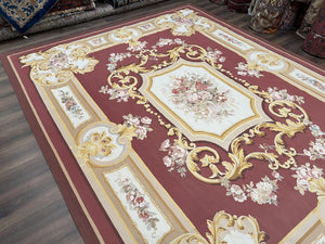 Aubusson Rug 9x12, Red Ivory Gold Tan, Handmade Hand Woven Aubusson Savonnerie Carpet, Vintage Flatweave Room Sized Aubusson Area Rug 9 x 12