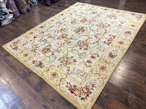 Aubusson Rug 8x10, French European Design, Vintage Handmade Wool Carpet, Aubusson Rug with Pile, Floral