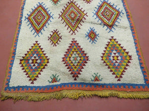 Moroccan Wide Runner Rug 3' 6" x 9', Vintage Azilal Berber Carpet Tribal Runner, Colorful Diamonds Ivory Orange Yellow, Soft Wool Handmade