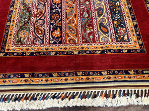Turkish Rug 4x6, Stripe Pattern, Red & Multicolor, Vintage Handmade Wool Carpet
