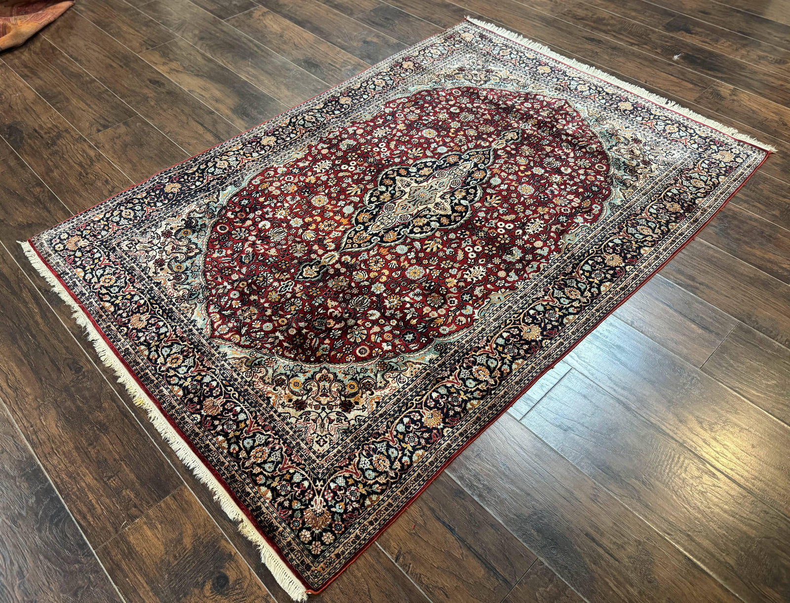 4x6 Silk Rug, Very Fine 650 KPSI, Silk Persian Carpet, Red, Floral Medallion, Sino Persian