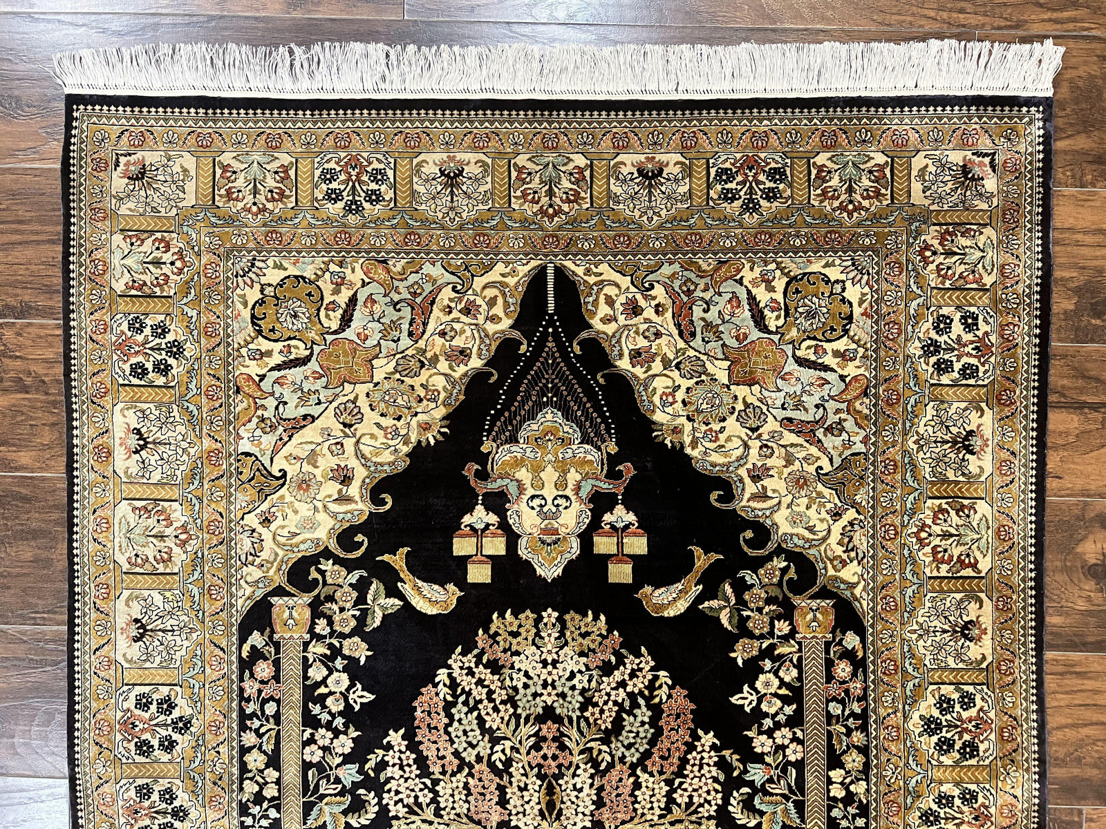 Wonderful Sino Persian Silk Rug 4x6, Tree of LIfe Design, Masterpiece 575 KPSI, Birds, Prayer Rug, Black, Silk on Silk