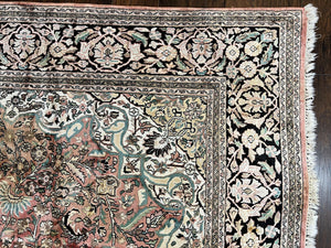 Indian Kashmiri Silk Rug 9x12, Vintage Rug 9 x 12 ft, Salmon Ivory Black Hand-Knotted Silk on Cotton Oriental Floral Carpet, Traditional Rug
