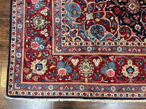 Navy Blue Persian Rug 9x12, Antique Persian Carpet, Kork Wool, 200 KPSI, Persian Kashan Rug