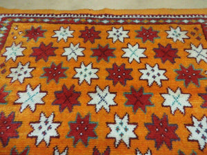 Vintage Moroccan Rug 4x5, Orange Ivory Red, Geometric Stars, Repeated Motif Allover, Hand Knotted Soft Wool Area Rug, Tribal Oriental Carpet