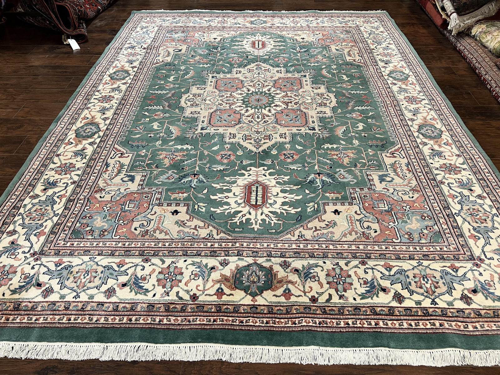 Indo Heriz Rug 9x12, Geometric Oriental Carpet, Room Sized Wool Handmade Hand Knotted Vintage Green and Cream Area Rug, Indian Rug 9 x 12