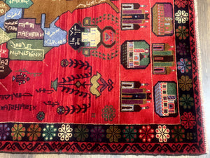 Afghan Rug 3x7, Map of Afghanistan, War Rug, Tribal Rug, Balouch Rug, New, Red