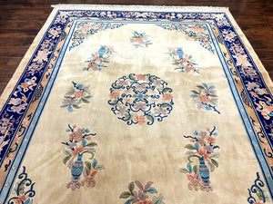 Chinese Wool Rug 8x11, Peking Asian Oriental Carpet, Cream/Ivory and Blue, Vintage Handmade Rug, Art Deco Rug