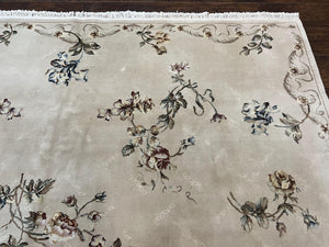 Chinese 120 Line Rug 8x10, Chinese Aubusson Wool & Silk Highlights Handmade Vintage Carpet, Beige Fine Weave Rug, Floral European Design
