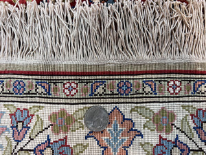Silk Turkish Kayseri Rug 2x3, Small All Silk Turkish Carpet, Red and Light Blue, Very Fine Hand Knotted Semi Antique Vintage Handmade Rug