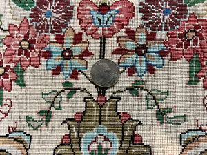 Silk Persian Tabriz Round Rug 3x3 ft, Very Fine Hand Knotted Carpet 380 KPSI, Cream & Gold, Bird Pictorials, Floral, Rare