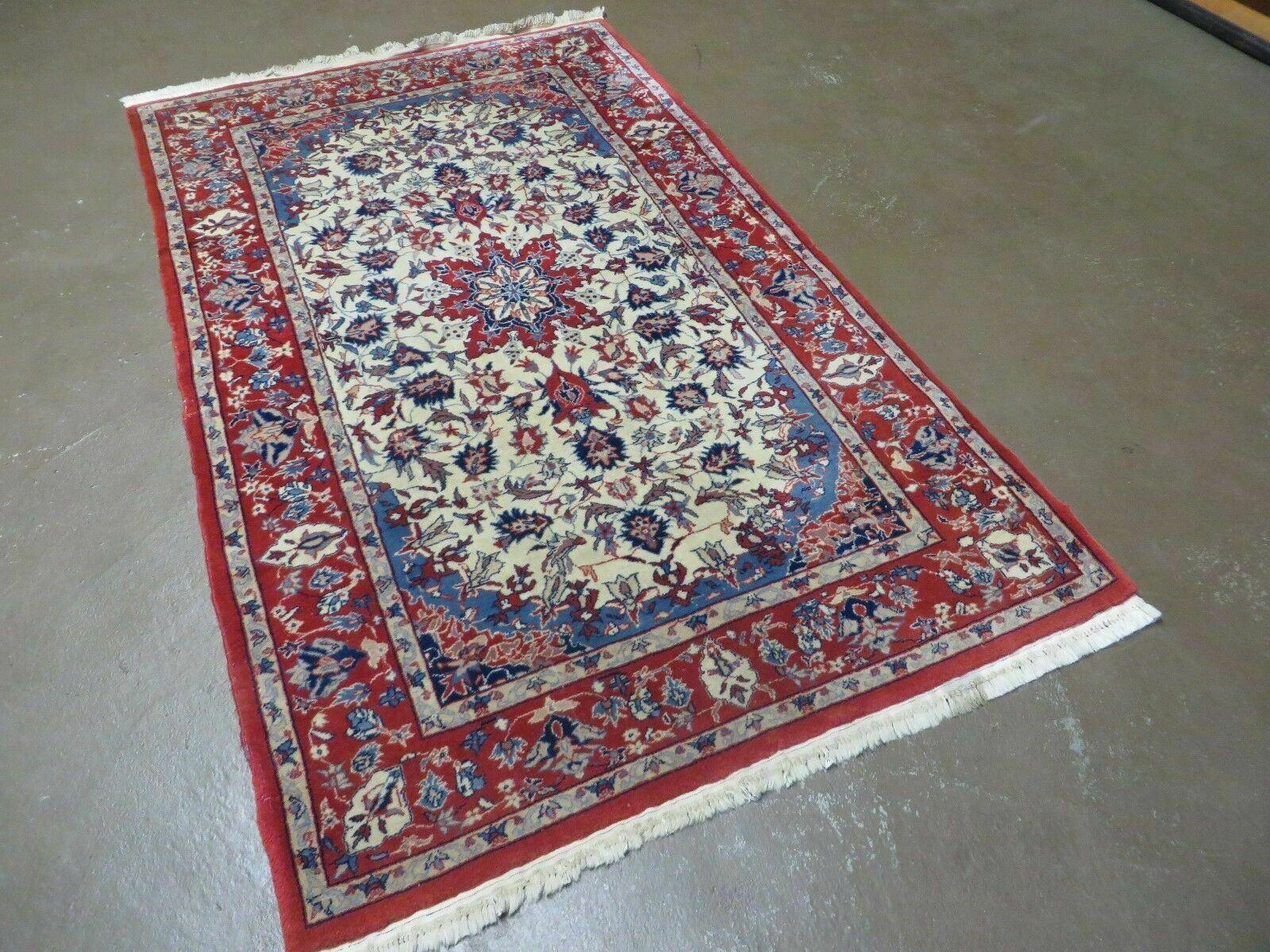 3' X 5' Vintage Handmade Authentic Oriental Floral Medallion Fine Wool Rug Beige Red and Blue Top Quality Veg Dyes
