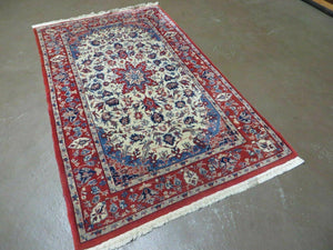 3' X 5' Vintage Handmade Authentic Oriental Floral Medallion Fine Wool Rug Beige Red and Blue Top Quality Veg Dyes