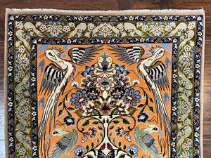 Very Fine Small Persian Isfahan Rug 2.6 x 4, Kork Wool on Silk Hand-Knotted Vintage Animal Pictorials Birds Vase, Signature Masterweaver, Orange