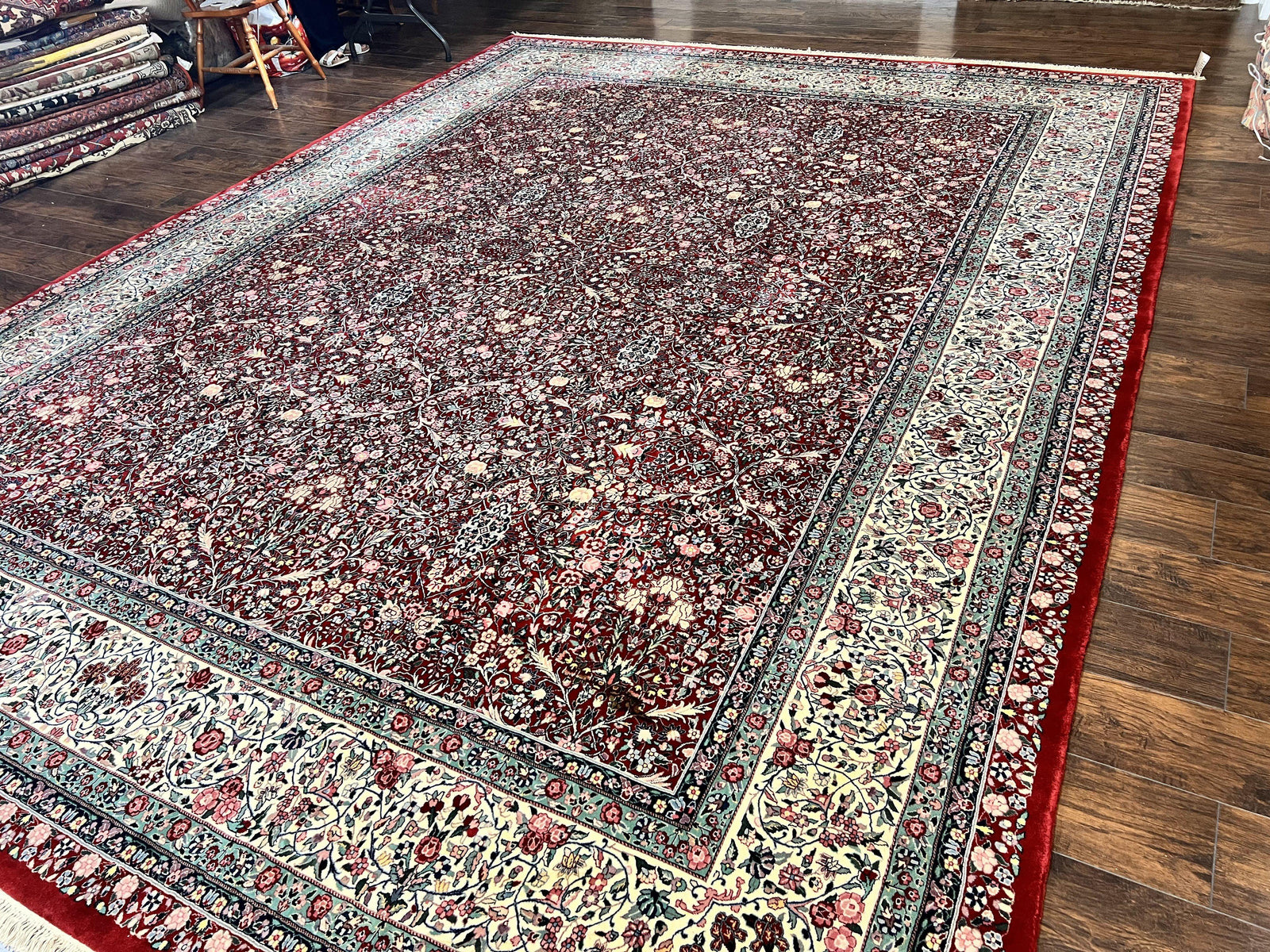 Pak Persian Rug 11x15, Wool & Silk Highlights Hand Knotted Vintage Carpet, Red Cream, Floral Allover, Oversized Kirman Rug