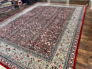 Pak Persian Rug 11x15, Wool & Silk Highlights Hand Knotted Vintage Carpet, Red Cream, Floral Allover, Oversized Kirman Rug