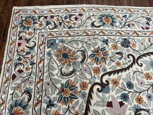 Chain Stitched Rug 9x12 Vintage Carpet 9 x 12 Flatweave Rug, Ivory Teal Rug, Area Rug 9 by 12, Hand Stitched Rug, Medallion, Indian Rug