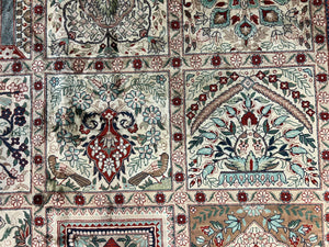 Silk Sino Persian Rug 9x12, Panel Design, Garden of Eden Pattern, Fine 200 KPSI, Hand Knotted Room Sized Silk Carpet, Vintage