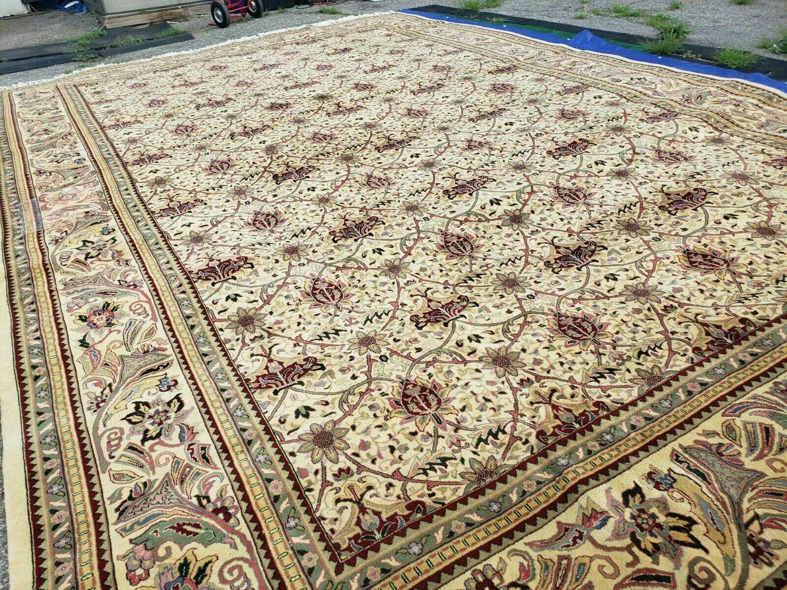12' X 18' One-of-a-Kind Indian Agra Hand-Knotted Wool Rug Handmade Organic Dyes