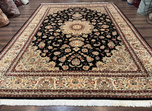 Sino Persian Rug 9x12, Black and Beige, Floral Medallion, Wool & Silk, Handmade