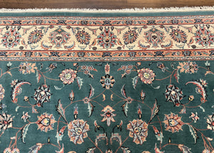 Indo Persian Rug 8x10, Green and Beige Oriental Carpet, Traditional Wool Area Rug, Floral Allover Pattern