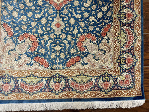Magnificent Persian Qum Silk Rug 3x5, Blue, Super Fine 675 KPSI - 70 Raj, Floral Roses, Handmade Vintage Silk Carpet, Masterpiece