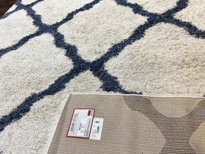 Modern Shag Rug 9x12, Ivory and Dark Blue, Diamond Pattern, Soft, Room Sized, Contemporary Rug, Plush