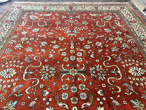 Romanian Rug 10x13, Vintage Handmade Wool Carpet, Floral Pattern, Birds, Red and Cream, Signed By Masterweaver, Persian Rug