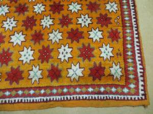 Vintage Moroccan Rug 4x5, Orange Ivory Red, Geometric Stars, Repeated Motif Allover, Hand Knotted Soft Wool Area Rug, Tribal Oriental Carpet