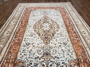 6x9 Vintage Indo-Persian Area Rug, Wool Hand-Knotted Carpet, Ivory & Squash Orange, Floral Medallion Tribal Rug, Indian Carpet, Decorative