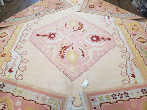 Large Turkish Kilim Carpet 10x14, Vintage Hand-Knotted Turkish Kilim Rug 10 x 14, Pink Cream Yellow Red, Decorative, Geometric, Unique