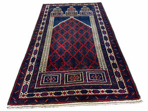 3x5 Vintage Handmade Tribal Wool Rug Balouchi Prayer Rug Afghan Rug Red Blue Wow