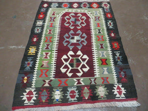 3' 8" X 5' Vintage Turkish Kilim Handmade Flat Weave Wool Rug Veg Dyes