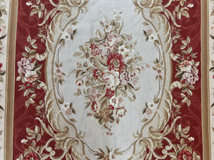 Aubusson Needlepoint Rug 5x8, Red Ivory Tan, Vintage Needlepoint Carpet 5 x 8 ft, Handmade Hand woven Wool, French European, Medium Size Rug