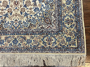 Persian Isfahan Rug 5x8, Kork Wool on Silk Foundation, 440 KPSI, Handmade Vintage Carpet, Floral Medallion Oriental Rug, Ivory & Blue, Very Fine
