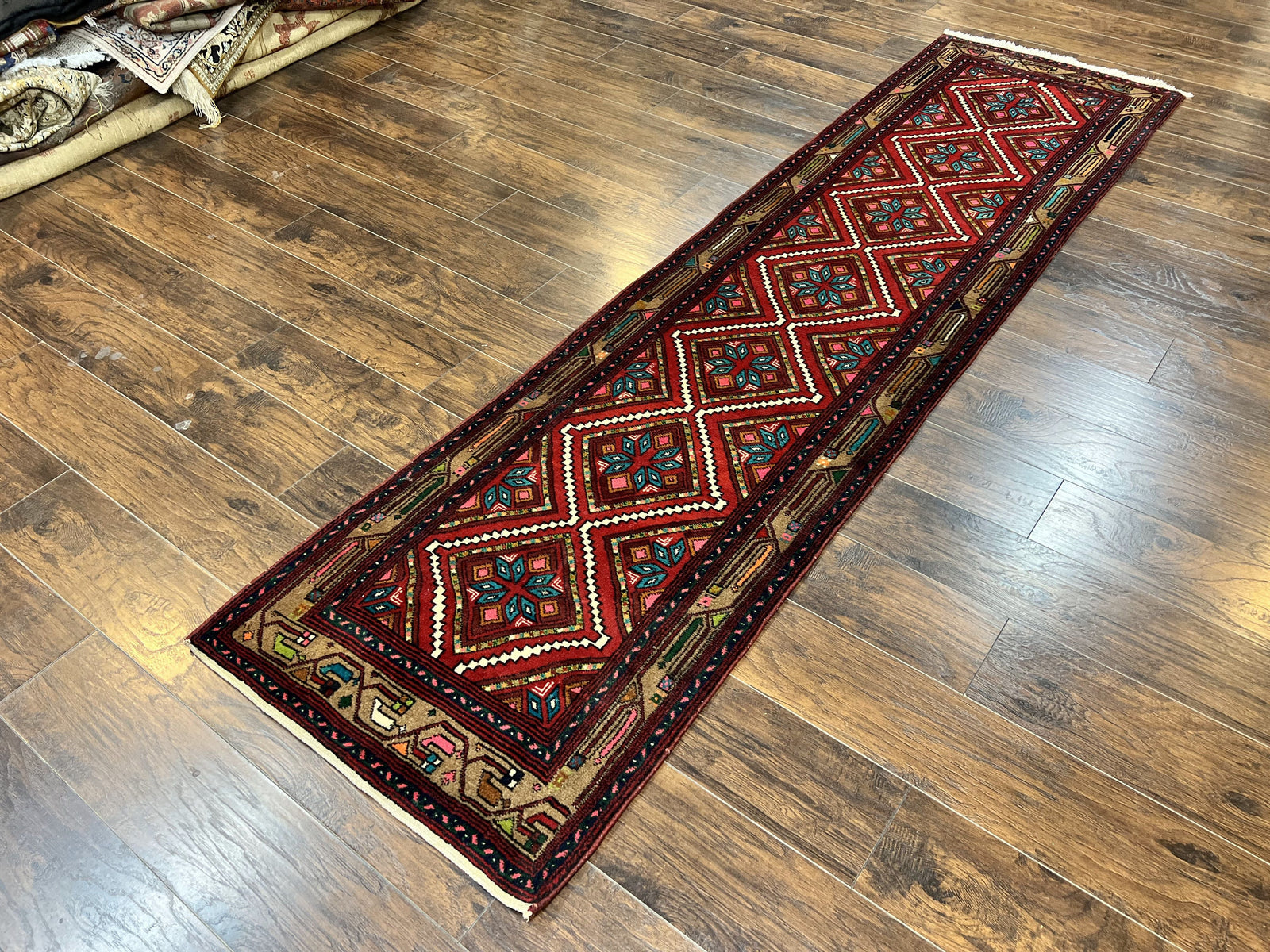 Persian Tribal Runner Rug 3x10, Red Camel Hair Navy Blue, Handmade Hand Knotted 10ft Wool Oriental Vintage Runner for Kitchen or Hallway, Persian Lilihan Hamadan Runner