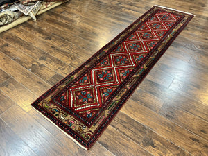Persian Tribal Runner Rug 3x10, Red Camel Hair Navy Blue, Handmade Hand Knotted 10ft Wool Oriental Vintage Runner for Kitchen or Hallway, Persian Lilihan Hamadan Runner